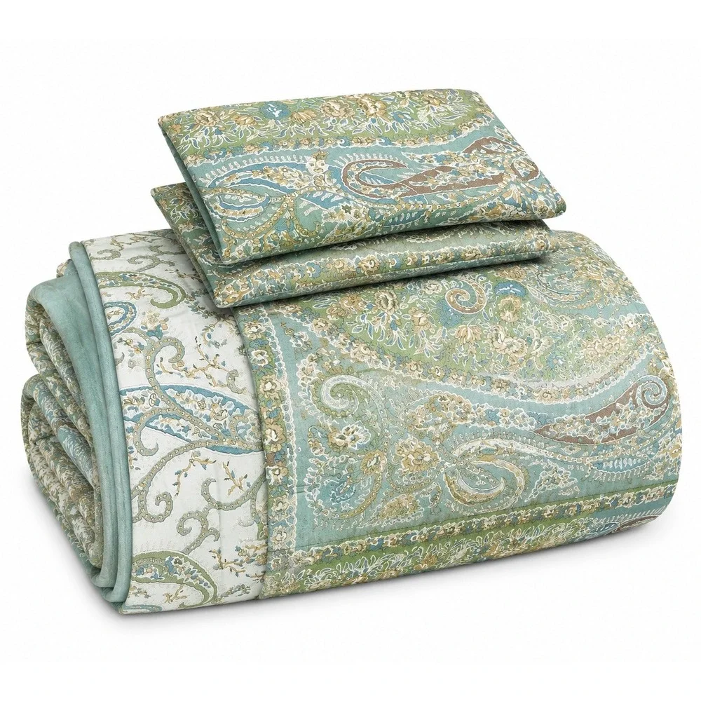 Pottery Barn King Blue Green 100% Cotton Paisley Duvet Cover 2 Shams Set Boho
